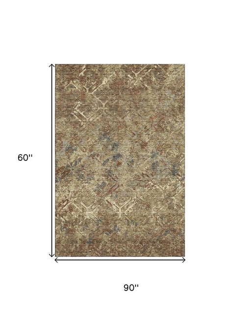 5' X 8' Brown Beige And Copper Diamond Washable Area Rug With UV Protection