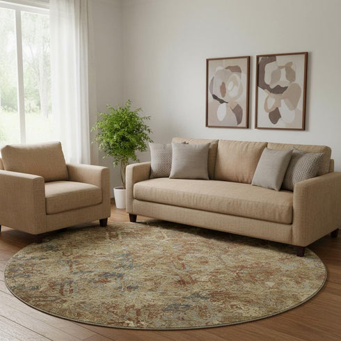8' Brown Beige And Copper Diamond Washable Round Rug With UV Protection