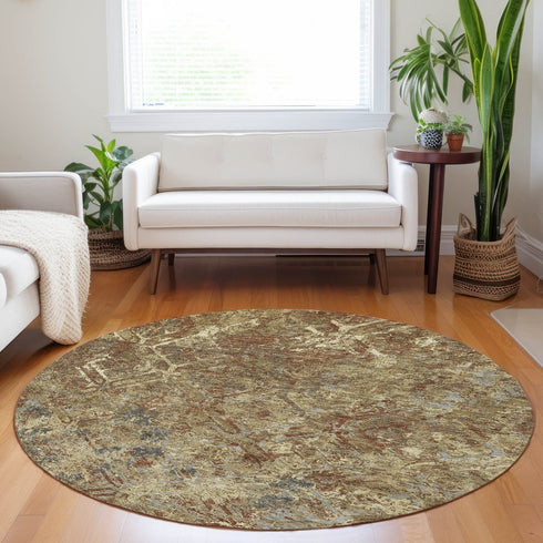 8' Brown Beige And Copper Diamond Washable Round Rug With UV Protection