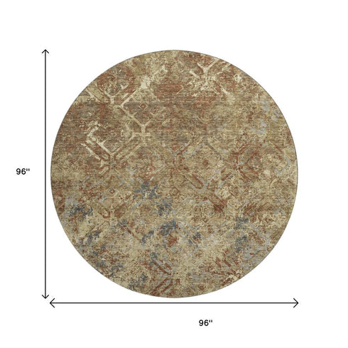 8' Brown Beige And Copper Diamond Washable Round Rug With UV Protection