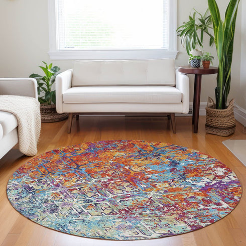 8' Copper Blue And Red Diamond Washable Round Rug With UV Protection
