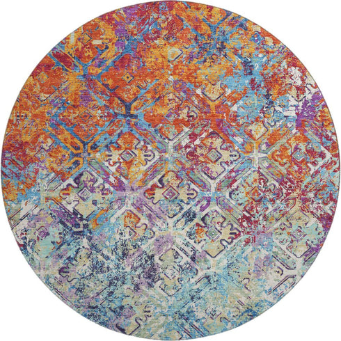 8' Copper Blue And Red Diamond Washable Round Rug With UV Protection