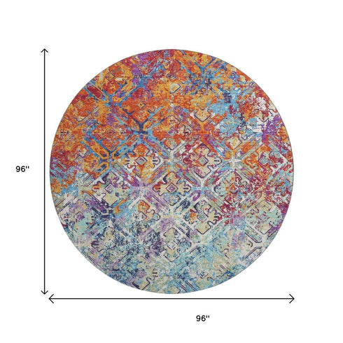 8' Copper Blue And Red Diamond Washable Round Rug With UV Protection