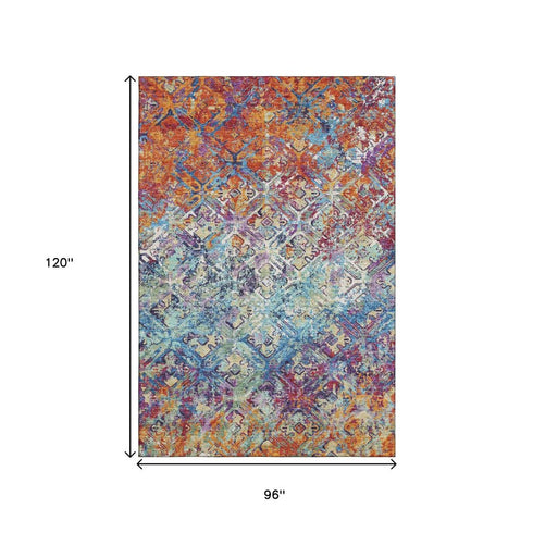 8' X 10' Copper Blue And Red Diamond Washable Area Rug With UV Protection