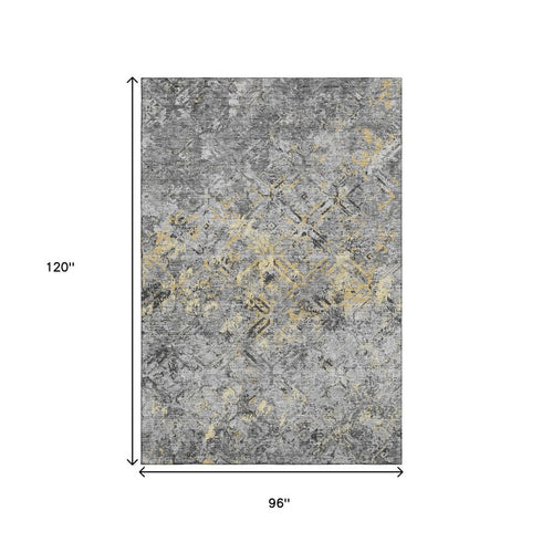 8' X 10' Gray Gold And Silver Diamond Washable Area Rug With UV Protection