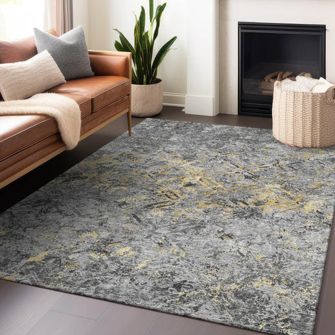 8' X 10' Gray Gold And Silver Diamond Washable Area Rug With UV Protection