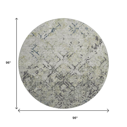 8' Silver Gray And Ivory Diamond Washable Round Rug With UV Protection