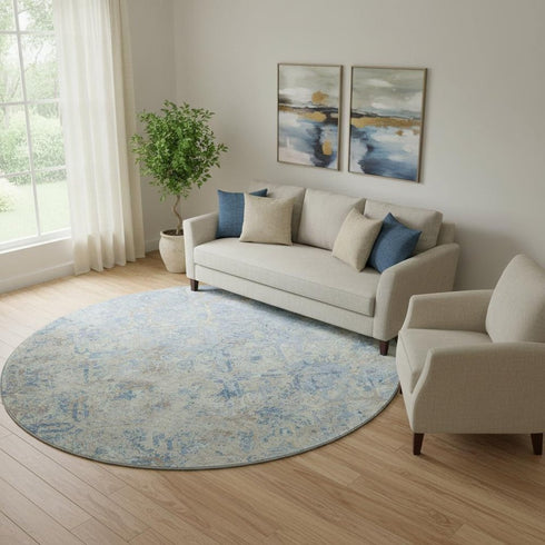 8' Sky Blue Gray And Ivory Diamond Washable Round Rug With UV Protection