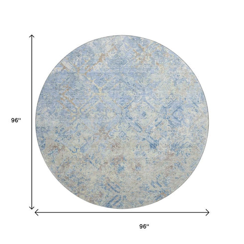 8' Sky Blue Gray And Ivory Diamond Washable Round Rug With UV Protection
