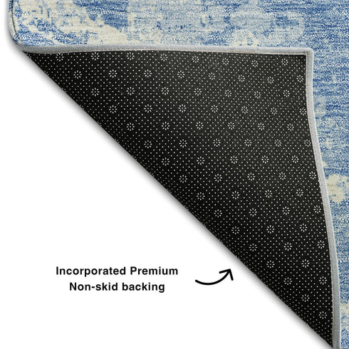 5' X 8' Blue And Ivory Abstract Washable Area Rug With UV Protection