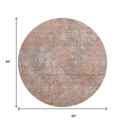 8' Salmon Gray And Ivory Abstract Washable Round Rug With UV Protection