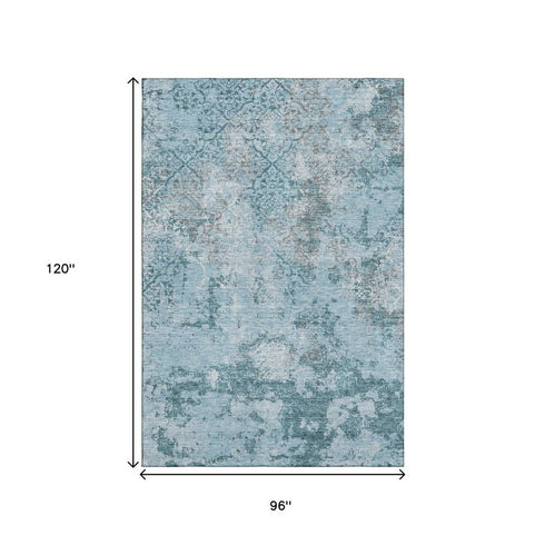 8' X 10' Teal Ivory And Gray Abstract Washable Area Rug With UV Protection