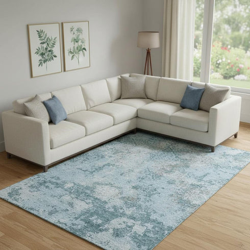 8' X 10' Teal Ivory And Gray Abstract Washable Area Rug With UV Protection