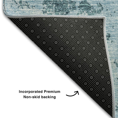8' X 10' Teal Ivory And Gray Abstract Washable Area Rug With UV Protection
