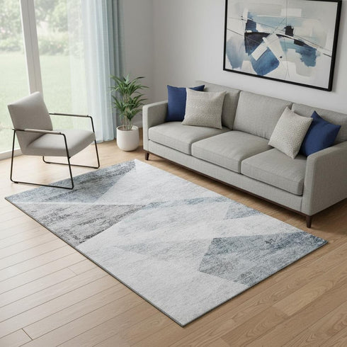 5' X 8' Sky Blue Gray And Silver Geometric Washable Area Rug With UV Protection