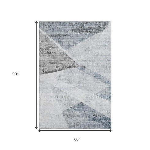 5' X 8' Sky Blue Gray And Silver Geometric Washable Area Rug With UV Protection