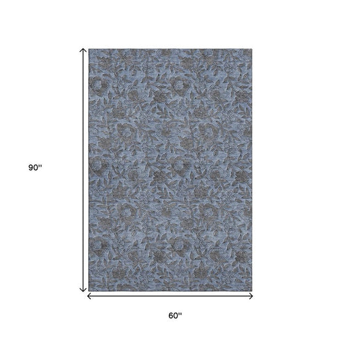 5' X 8' Blue And Gray Floral Washable Area Rug With UV Protection