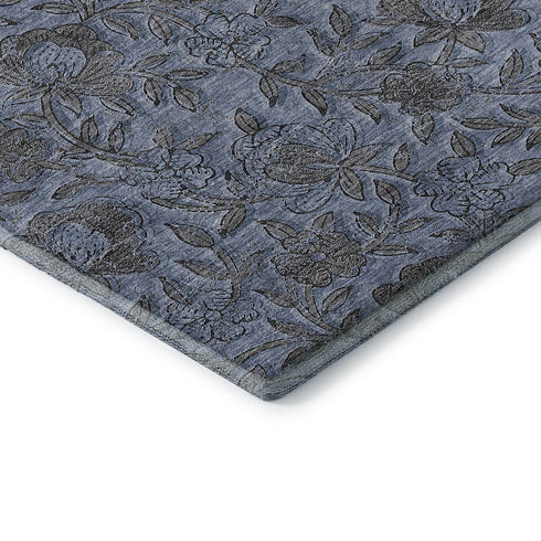 5' X 8' Blue And Gray Floral Washable Area Rug With UV Protection