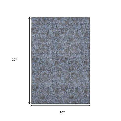 8' X 10' Blue And Gray Floral Washable Area Rug With UV Protection