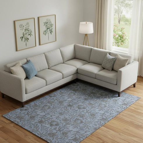 8' X 10' Blue And Gray Floral Washable Area Rug With UV Protection