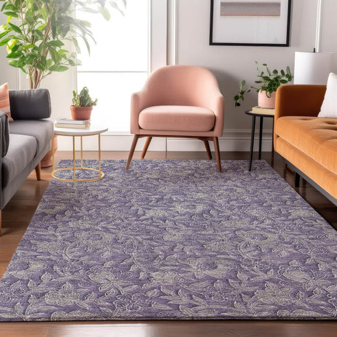 9' X 12' Eggplant And Gray Floral Washable Area Rug With UV Protection