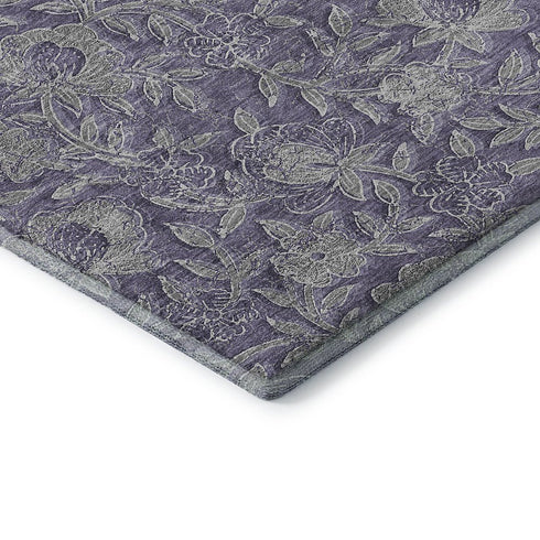 9' X 12' Eggplant And Gray Floral Washable Area Rug With UV Protection