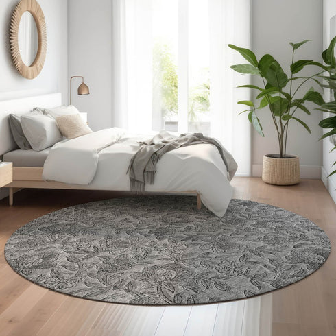 8' Gray And Charcoal Floral Washable Round Rug With UV Protection