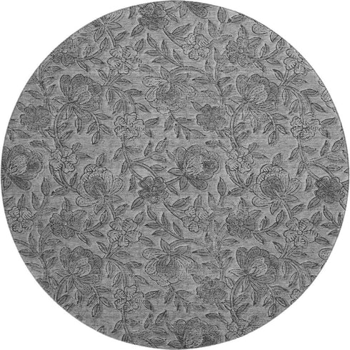 8' Gray And Charcoal Floral Washable Round Rug With UV Protection