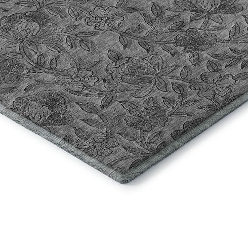 8' Gray And Charcoal Floral Washable Round Rug With UV Protection