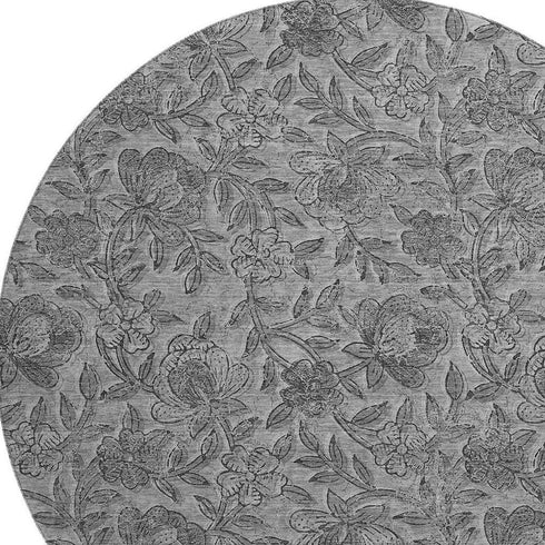 8' Gray And Charcoal Floral Washable Round Rug With UV Protection