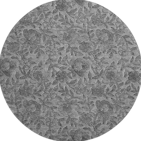 8' Gray And Charcoal Floral Washable Round Rug With UV Protection