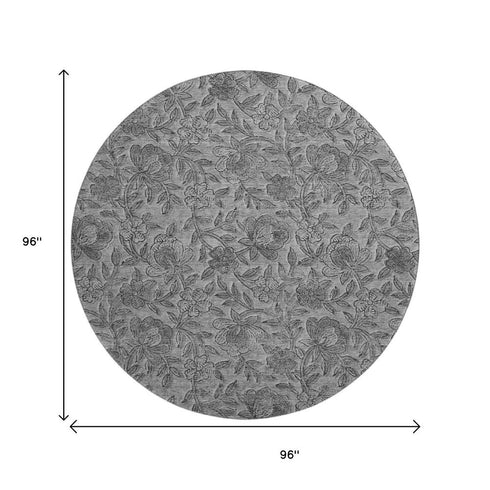 8' Gray And Charcoal Floral Washable Round Rug With UV Protection