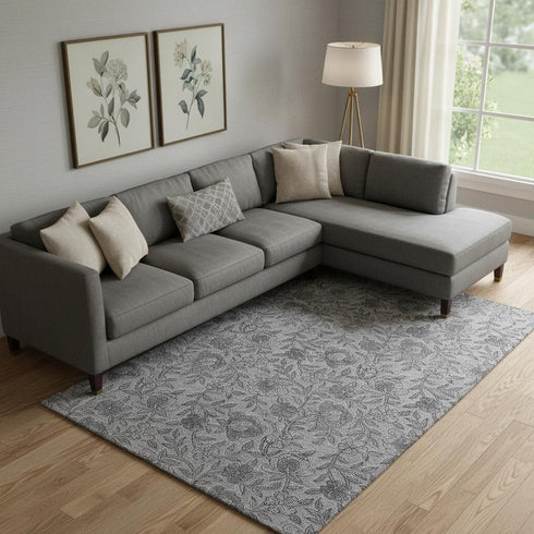 8' X 10' Gray And Charcoal Floral Washable Area Rug With UV Protection