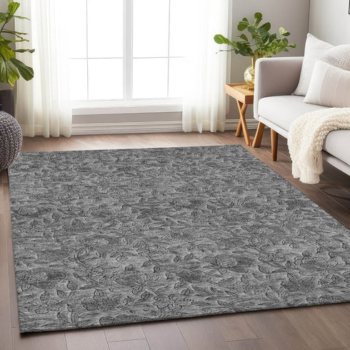 8' X 10' Gray And Charcoal Floral Washable Area Rug With UV Protection