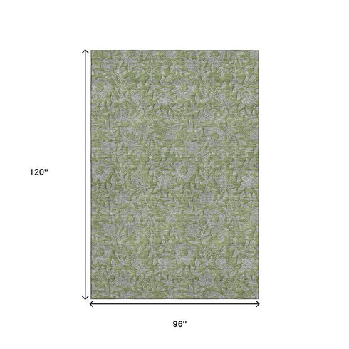 8' X 10' Olive Green And Gray Floral Washable Area Rug With UV Protection