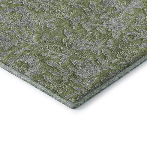 8' X 10' Olive Green And Gray Floral Washable Area Rug With UV Protection