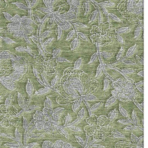 8' X 10' Olive Green And Gray Floral Washable Area Rug With UV Protection