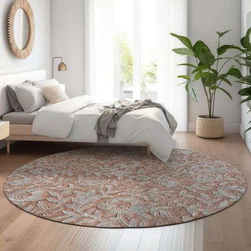 8' Terra Cotta And Gray Floral Washable Round Rug With UV Protection