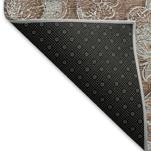 8' Terra Cotta And Gray Floral Washable Round Rug With UV Protection