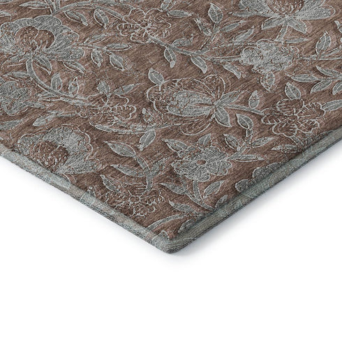 8' Terra Cotta And Gray Floral Washable Round Rug With UV Protection