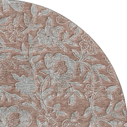 8' Terra Cotta And Gray Floral Washable Round Rug With UV Protection