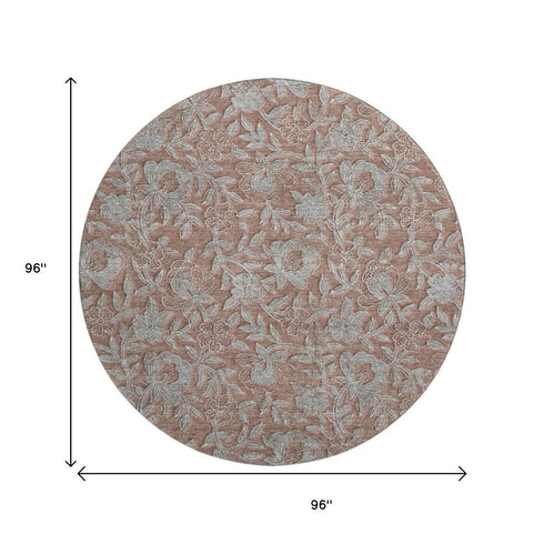 8' Terra Cotta And Gray Floral Washable Round Rug With UV Protection