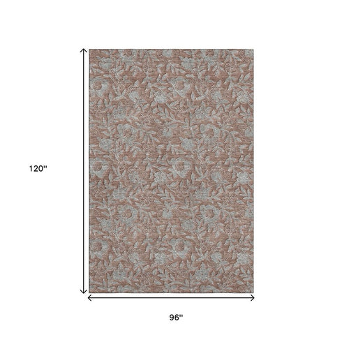 8' X 10' Terra Cotta And Gray Floral Washable Area Rug With UV Protection