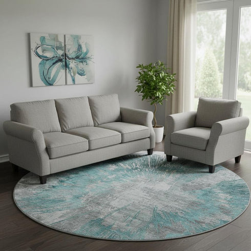 8' Teal Ivory And Gray Abstract Washable Round Rug With UV Protection