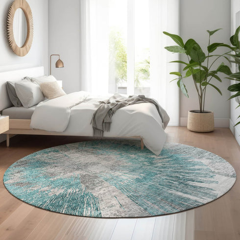 8' Teal Ivory And Gray Abstract Washable Round Rug With UV Protection