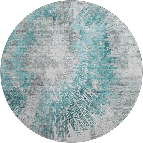 8' Teal Ivory And Gray Abstract Washable Round Rug With UV Protection