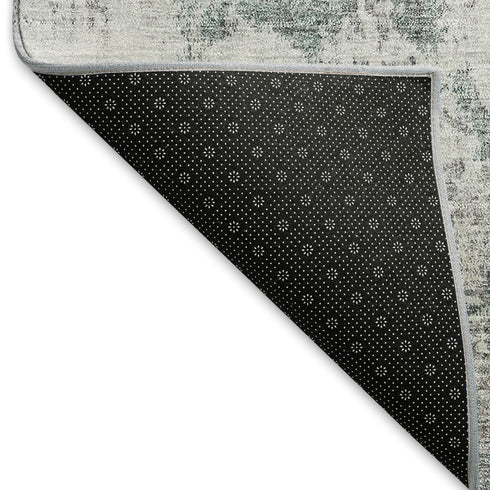 8' Teal Ivory And Gray Abstract Washable Round Rug With UV Protection