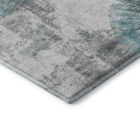 8' Teal Ivory And Gray Abstract Washable Round Rug With UV Protection