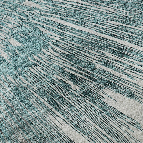 8' Teal Ivory And Gray Abstract Washable Round Rug With UV Protection