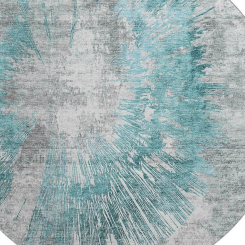 8' Teal Ivory And Gray Abstract Washable Round Rug With UV Protection